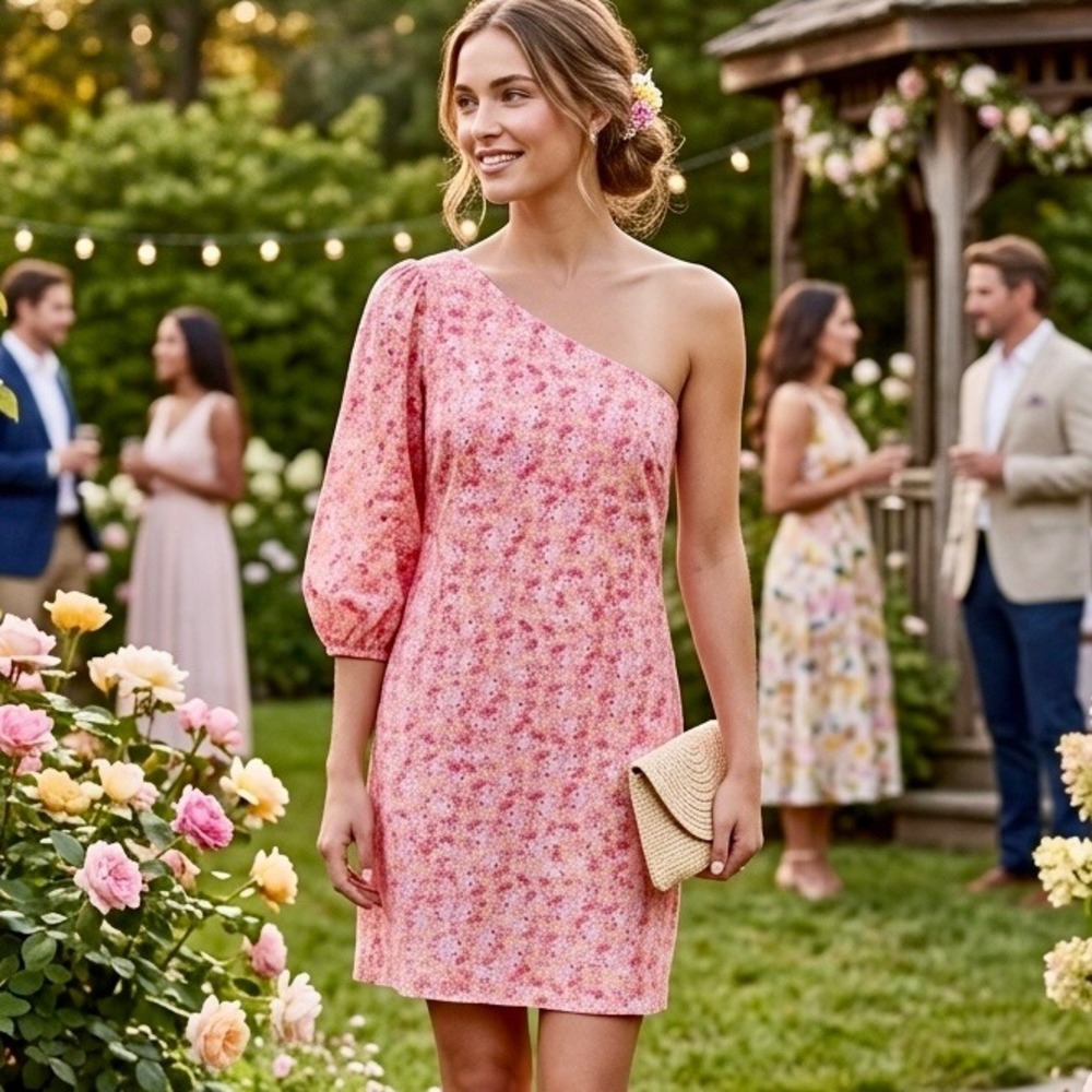 Something Navy Womens Pink Floral One‎ Shoulder Puff Sleeve Mini Dress Medium